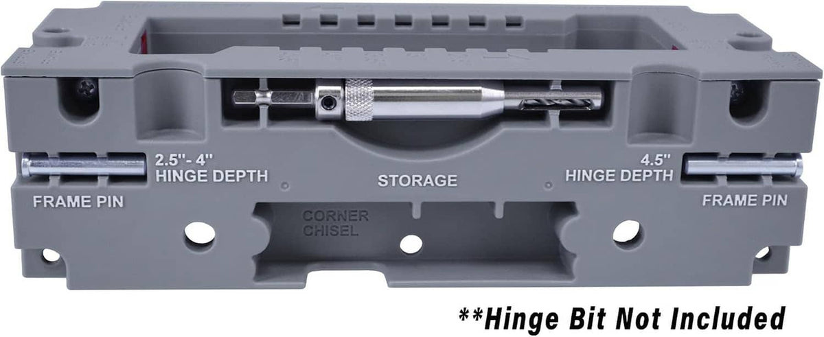 Grey door hinge mortising jig front view with depth markings, storage, and frame pin slots