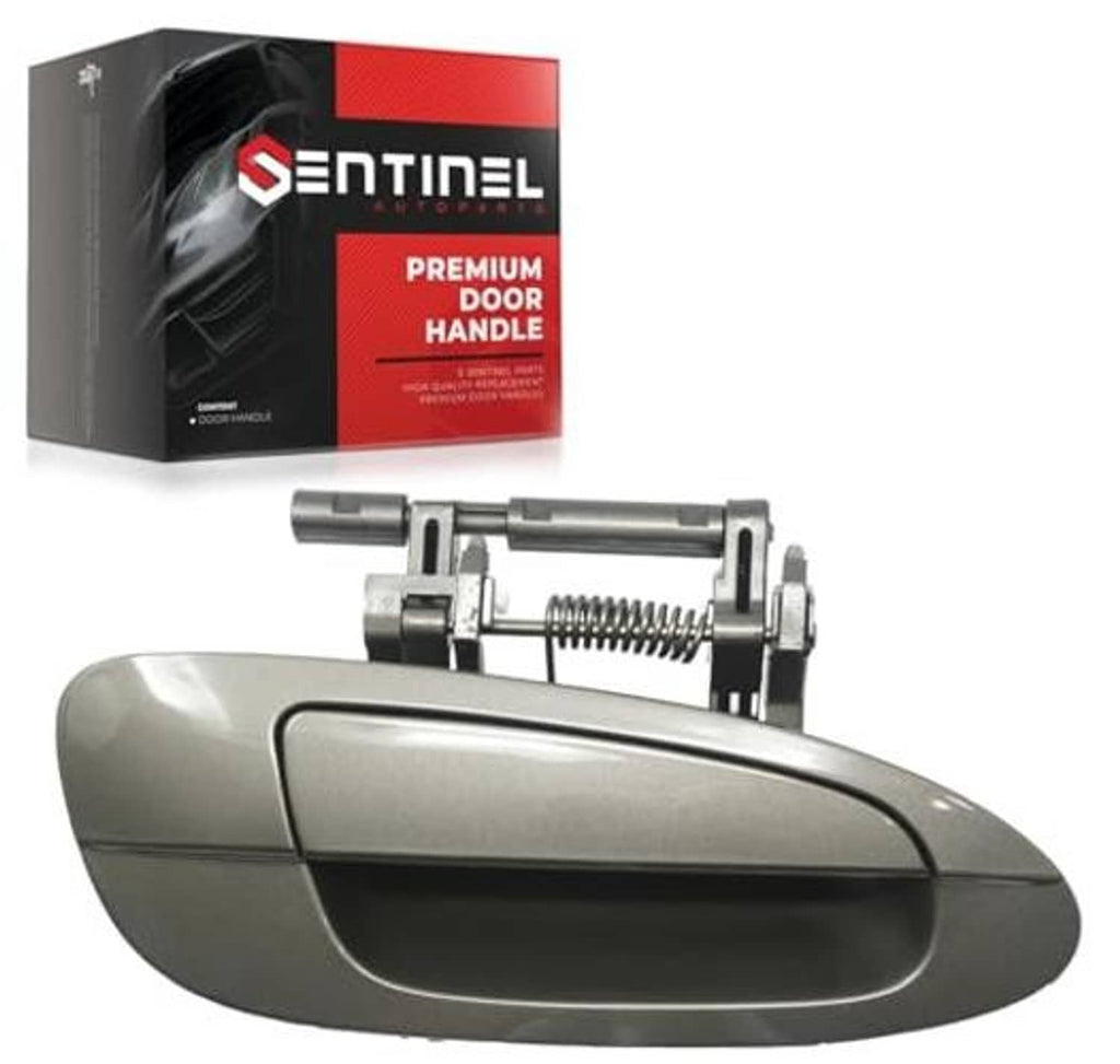 Pewter metallic exterior door handle with curved grip and black inner edge.