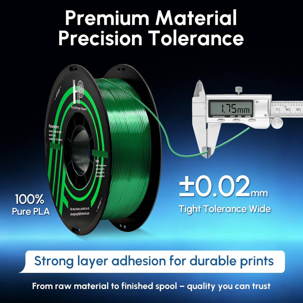 PLA filament spool on black reel with green filament and caliper measurement