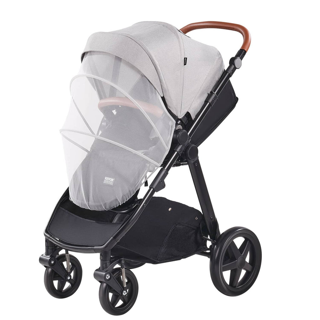 Light gray stroller with clear mesh canopy and black seat base