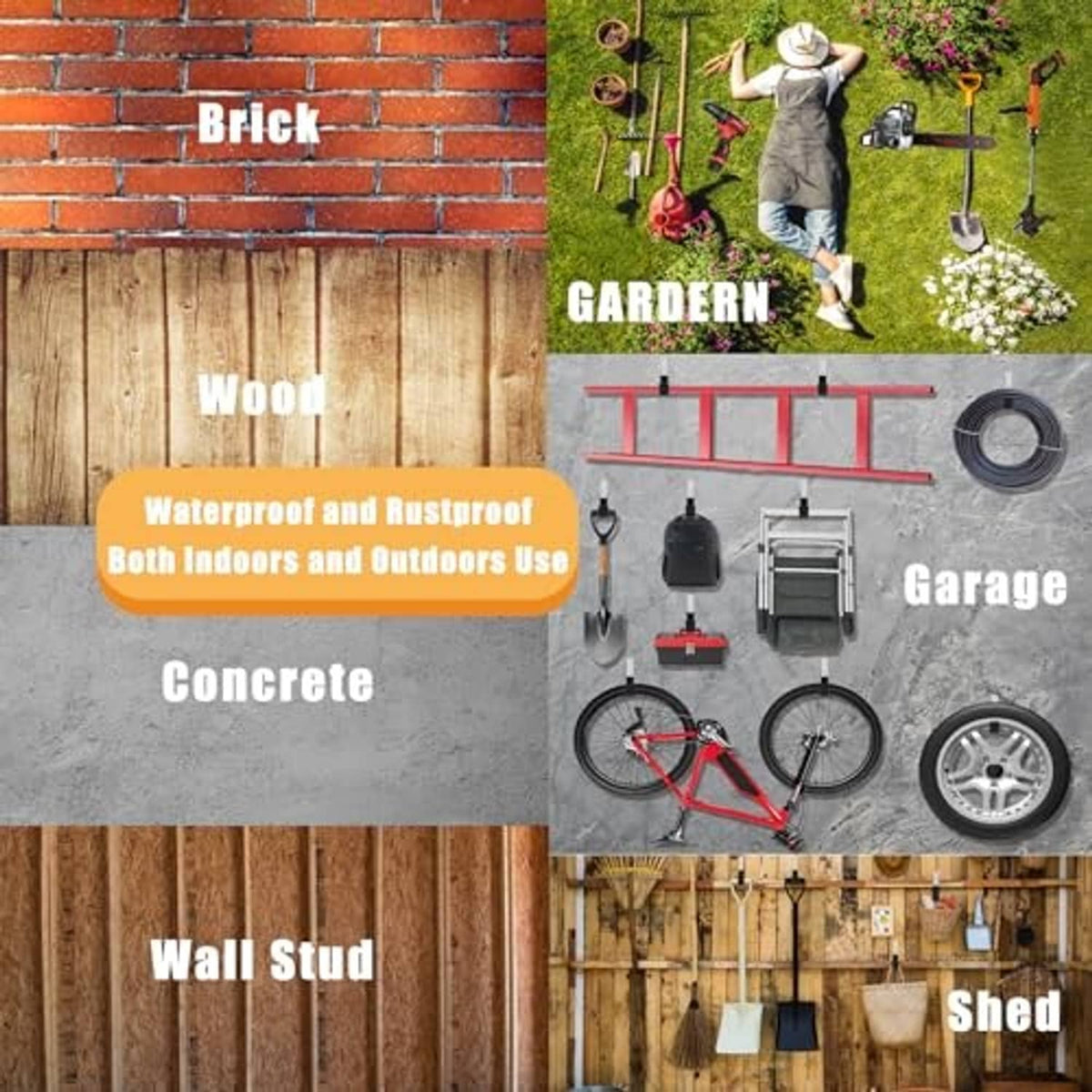 Multi-surface wall hooks for brick, wood, concrete, shed, and garage organization