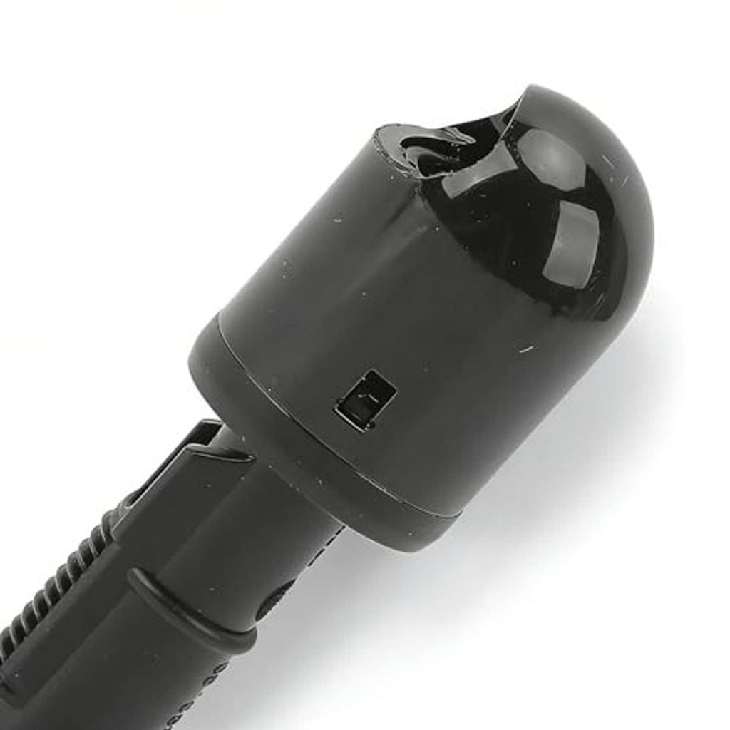 Black headlight washer nozzle spray tip and ribbed hose connector, close-up side view.