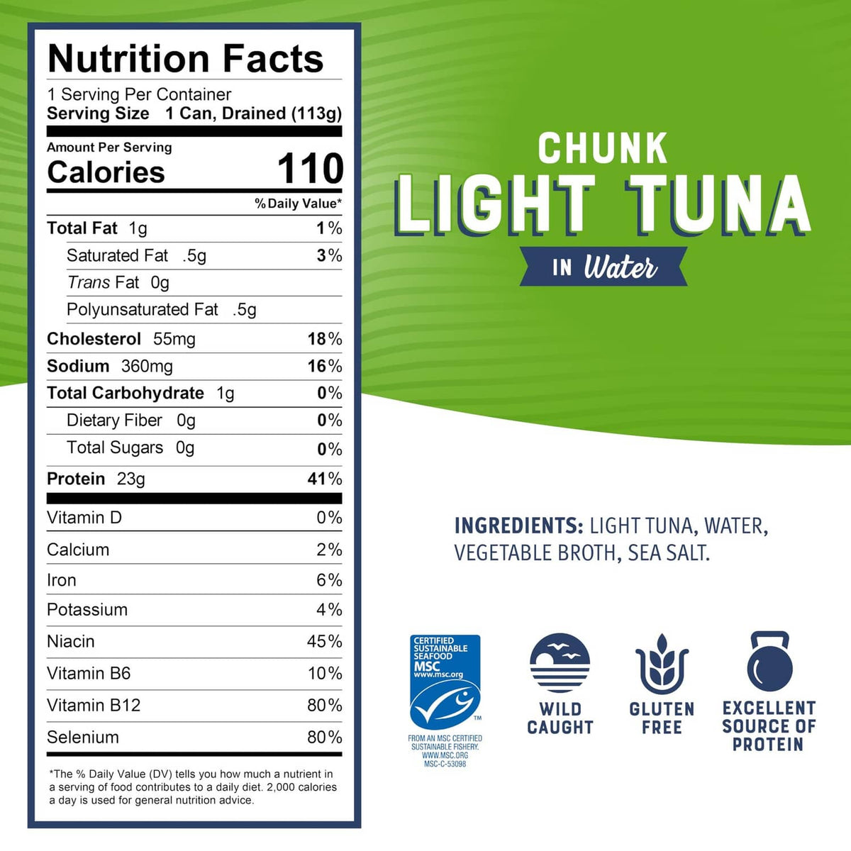 Chunk light tuna nutrition facts panel, serving size 1 can (113g)