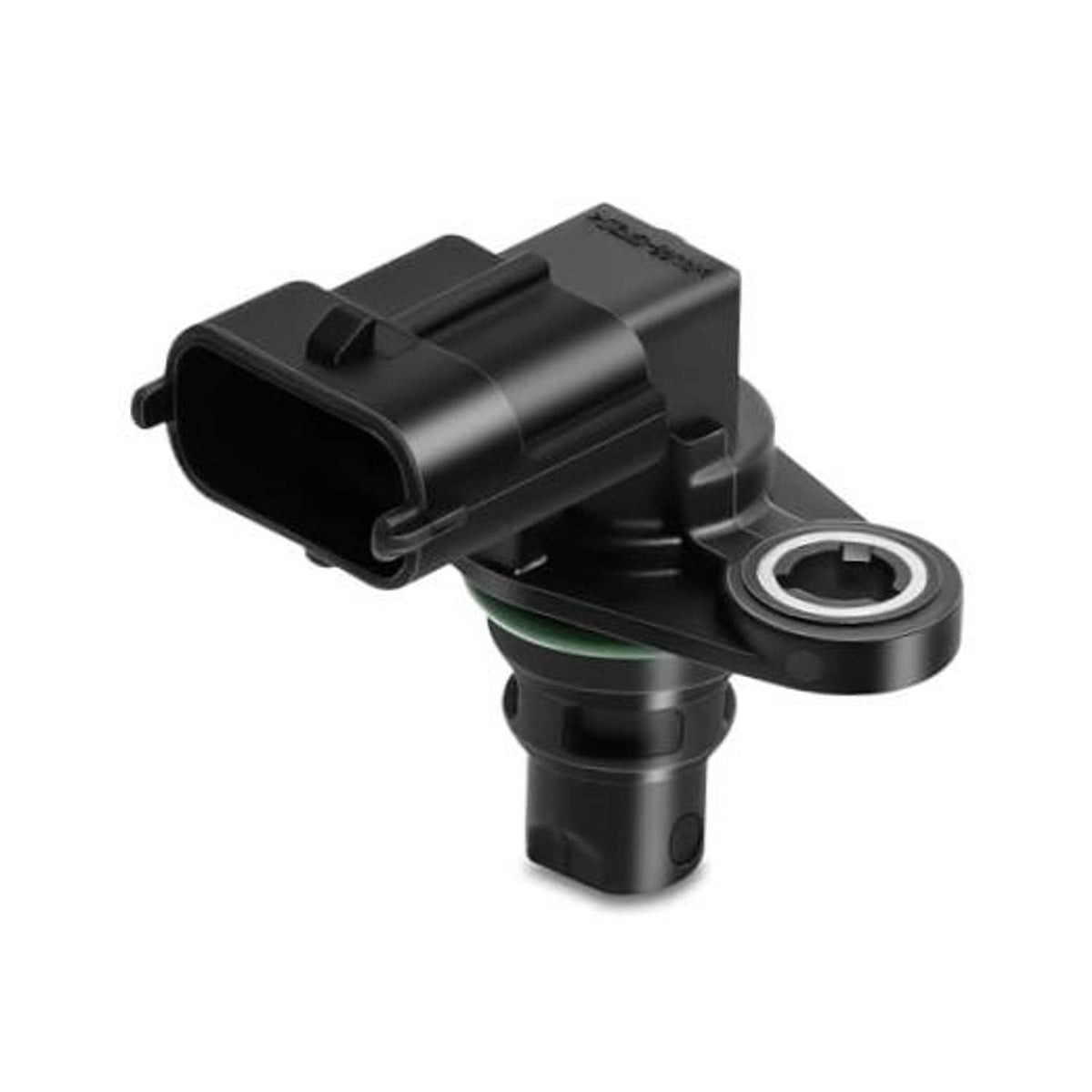 Black camshaft position sensor with 3-wire connector and green sealing ring