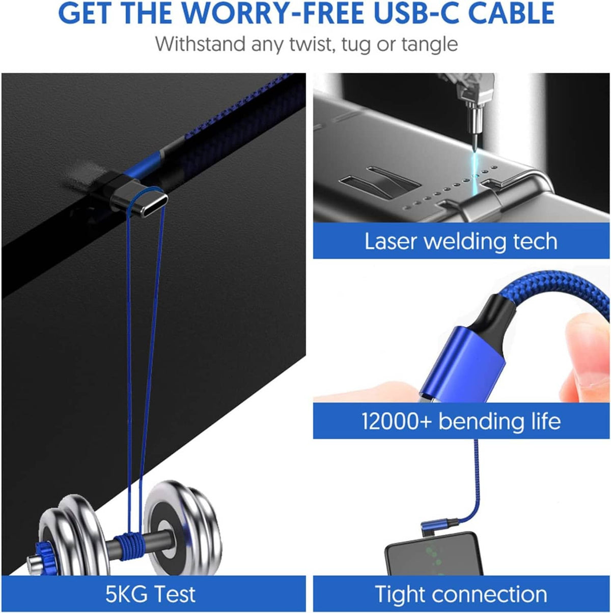 90-degree USB-C charging cable, blue braided jacket with right-angle Type-C plug