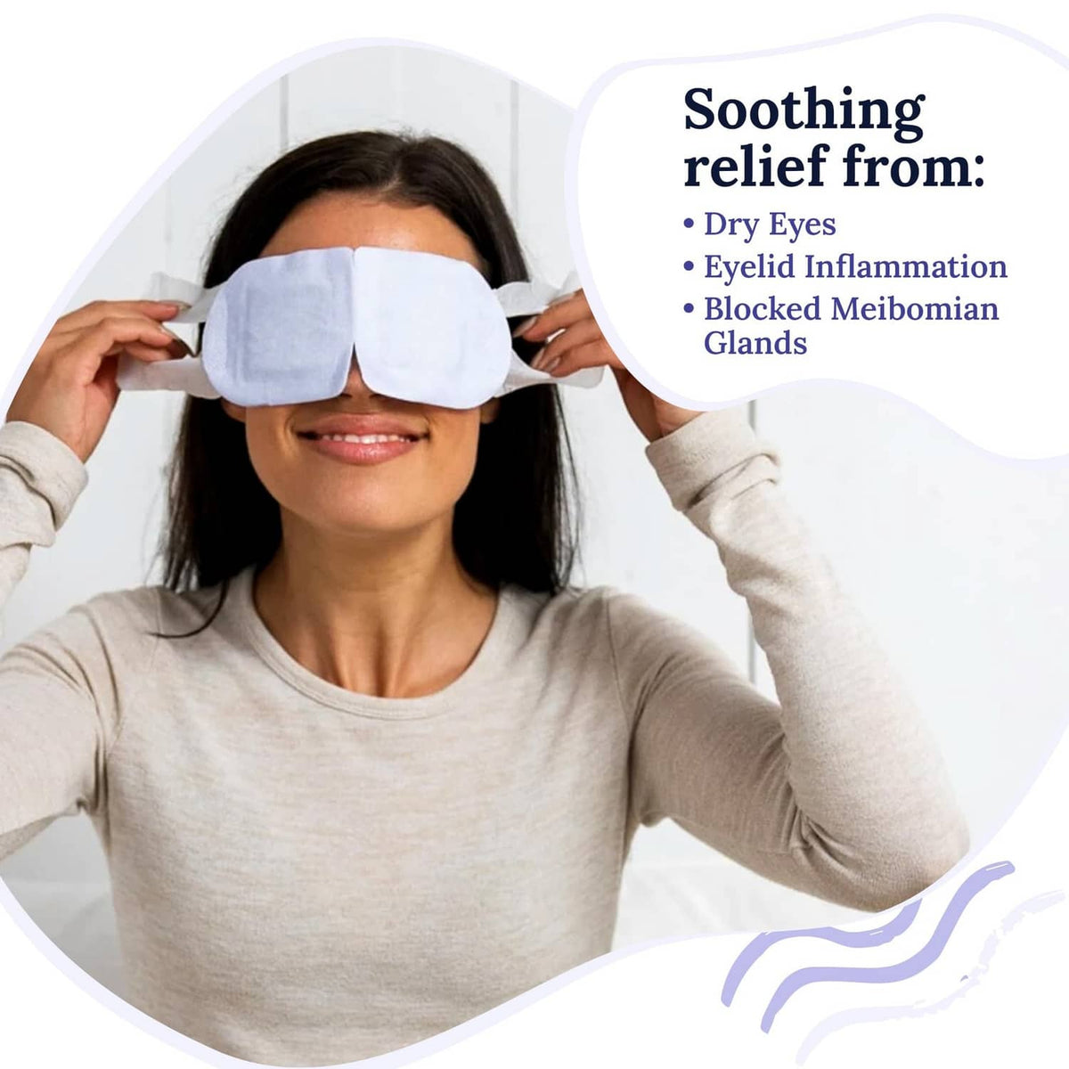 Woman adjusting a light blue warm eye mask over her eyes