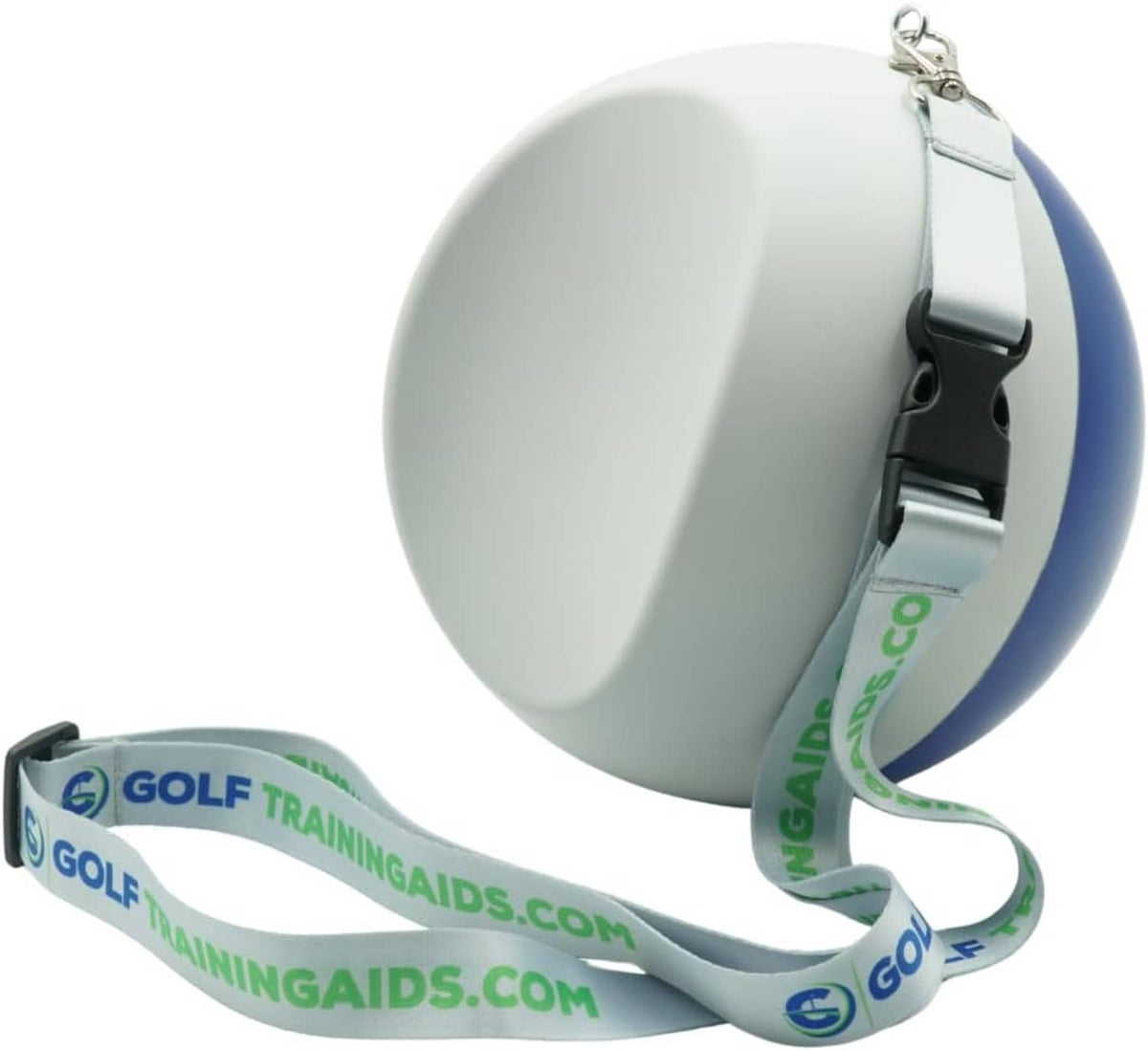 Compression ball golf swing trainer with light gray ball, navy edge, and branded strap