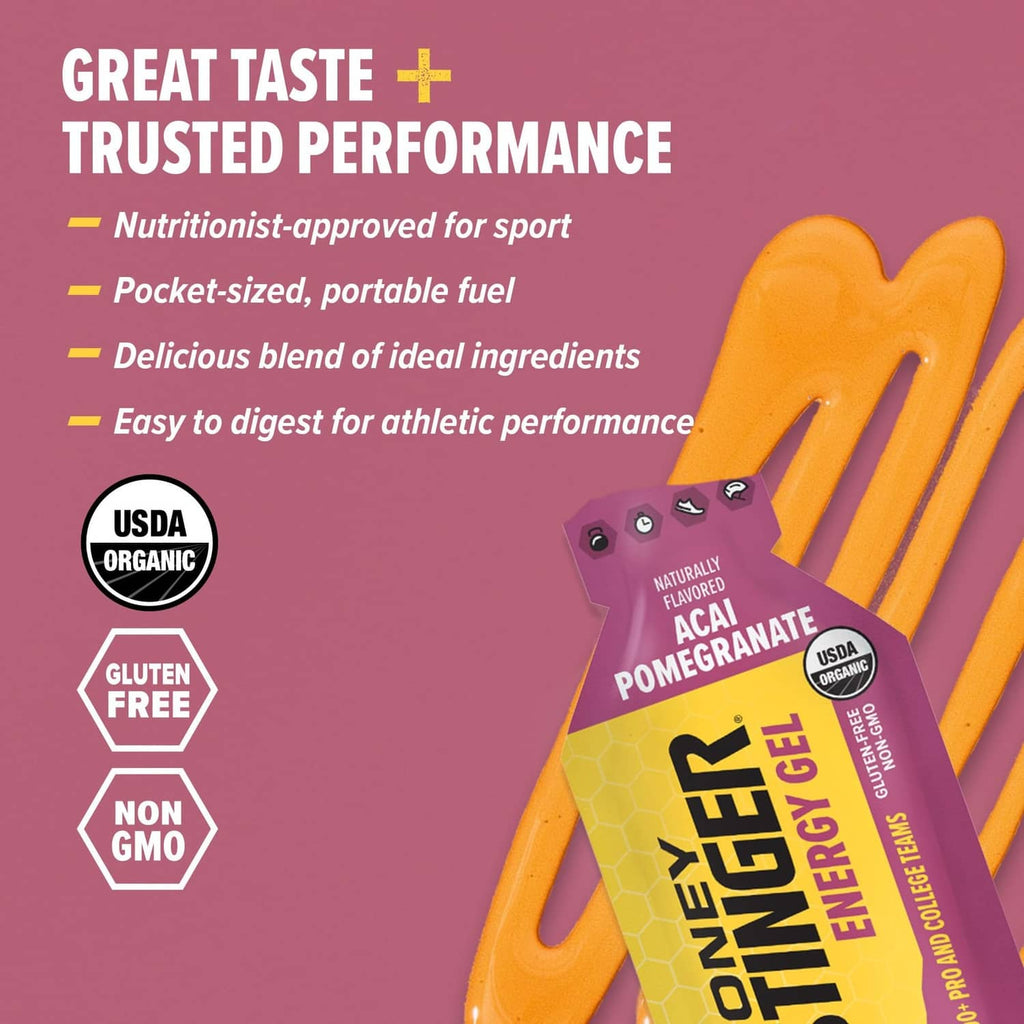 Acai pomegranate energy gel pouch with USDA organic and gluten-free badges