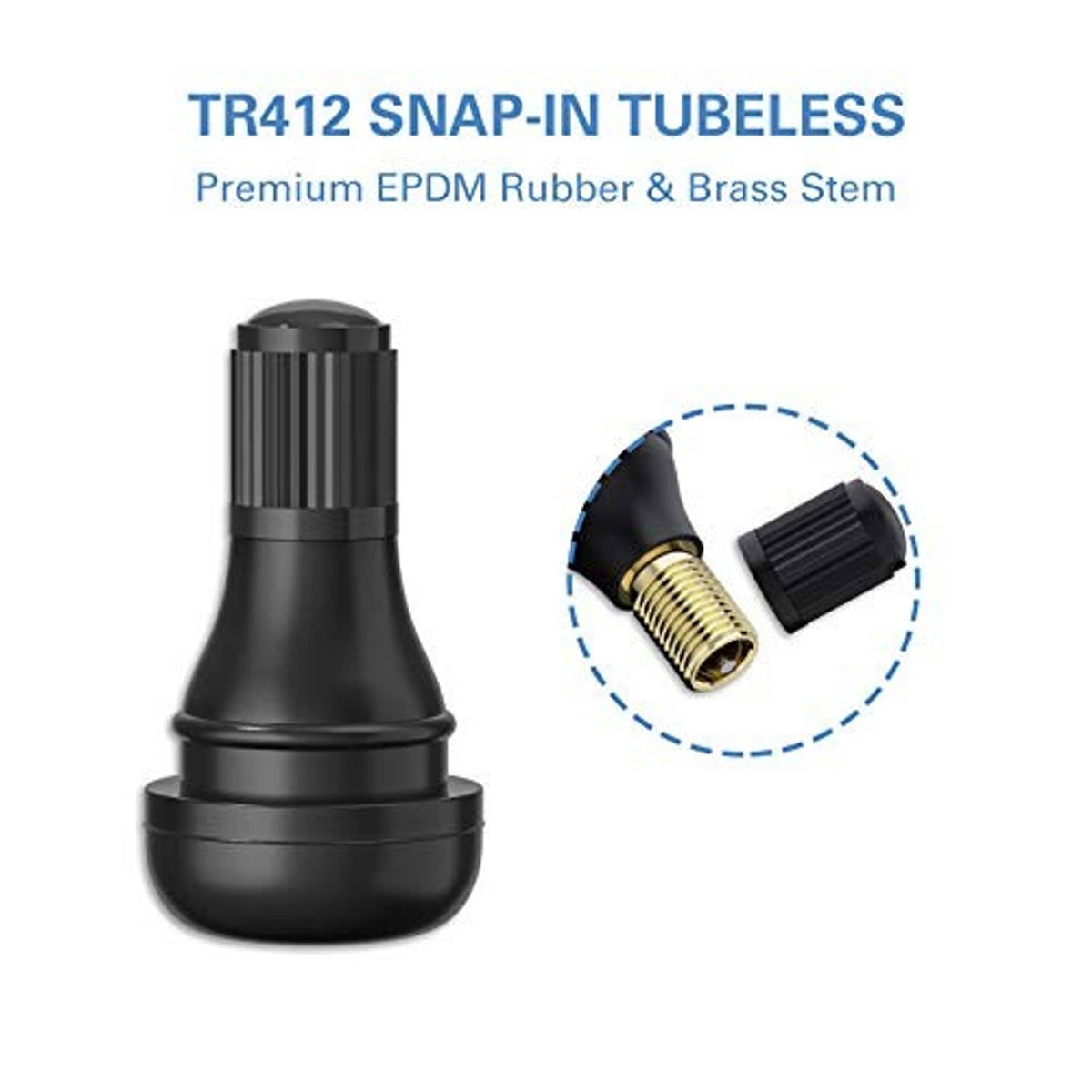 Black snap-in tubeless tire valve stem with brass insert and ribbed grip cap