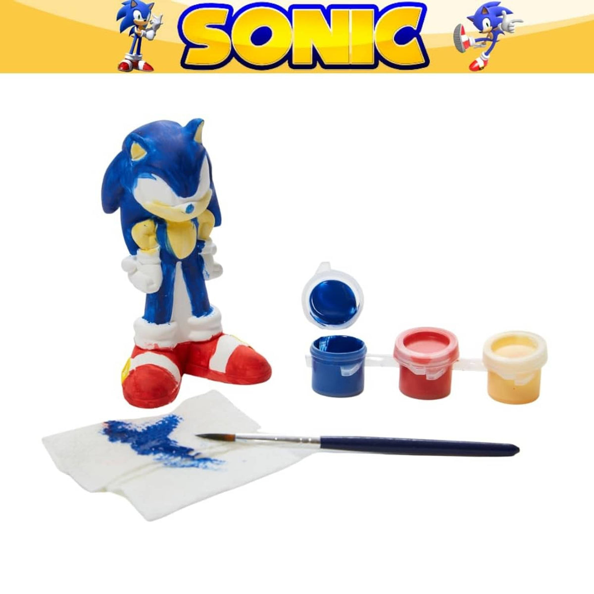 Sonic DIY figurine paint kit with blue figure, paint pots, and paintbrush