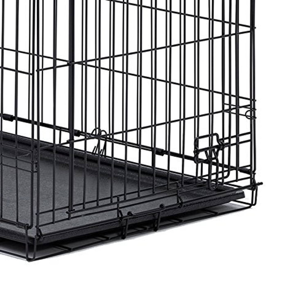 Dog crate with dark replacement pan tray installed along the bottom