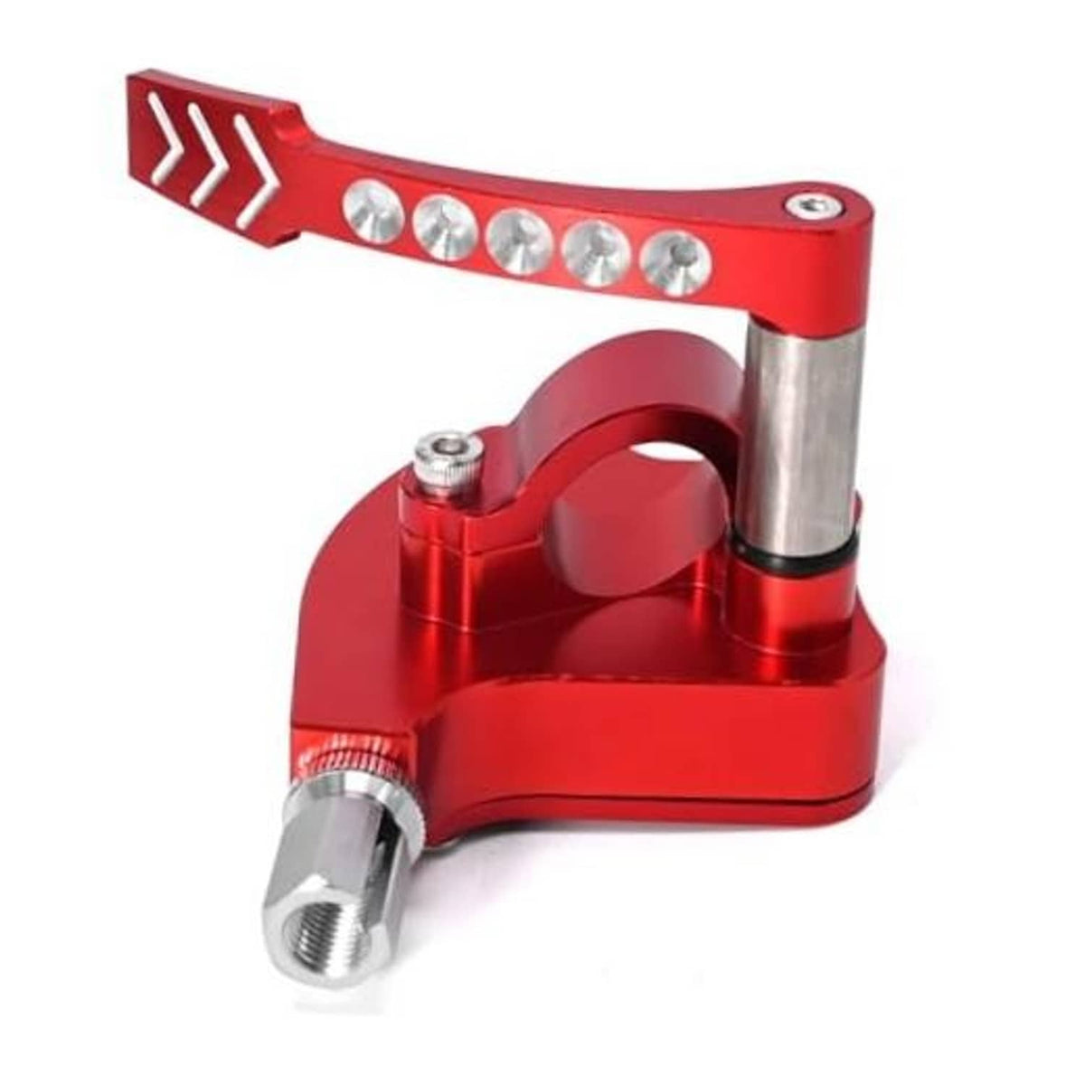 Red and silver ATV billet throttle thumb assembly with lever and mounting threads