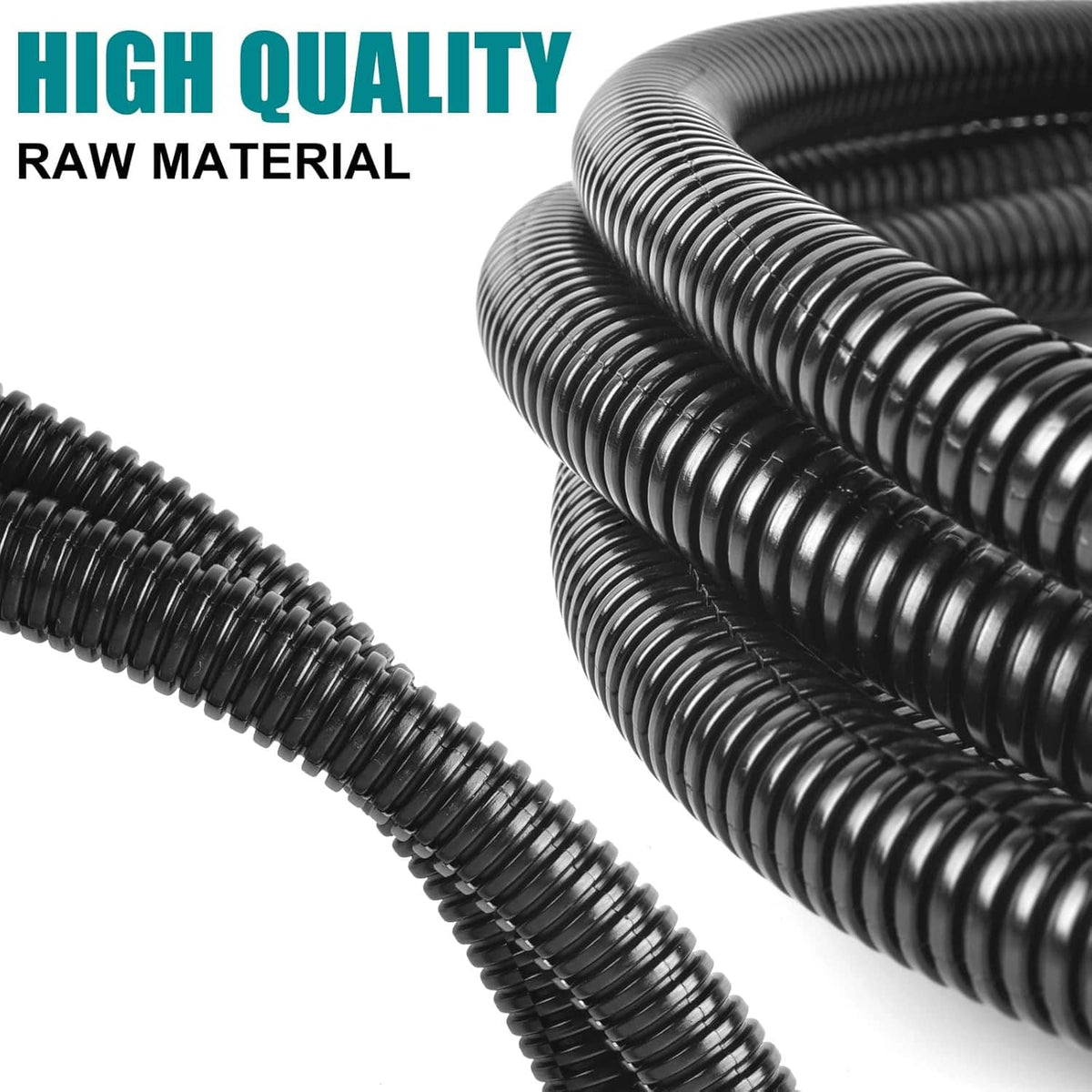 Close-up of black ribbed split wire loom tubing with textured ridges