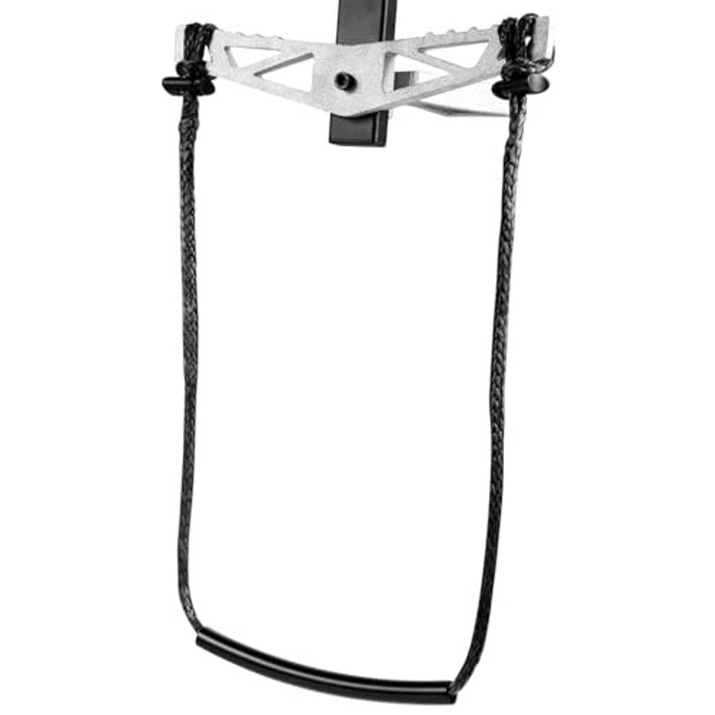 Single-step climbing aider with silver metal support and black braided rope lanyards