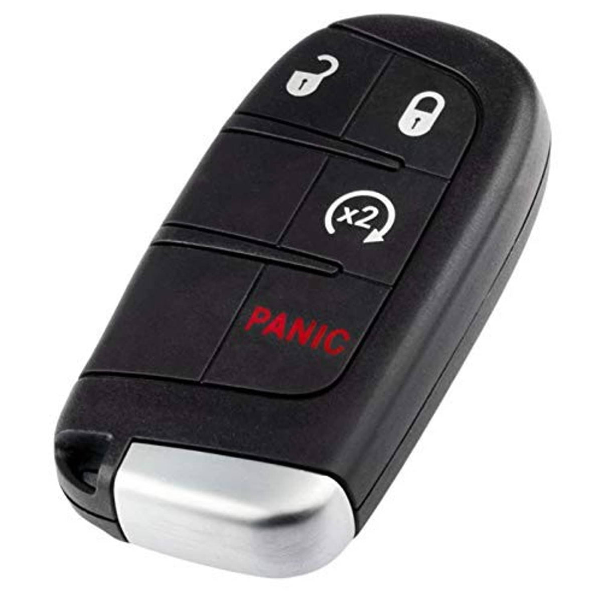 Black key fob with red PANIC button, lock/unlock icons, x2 label and key blade