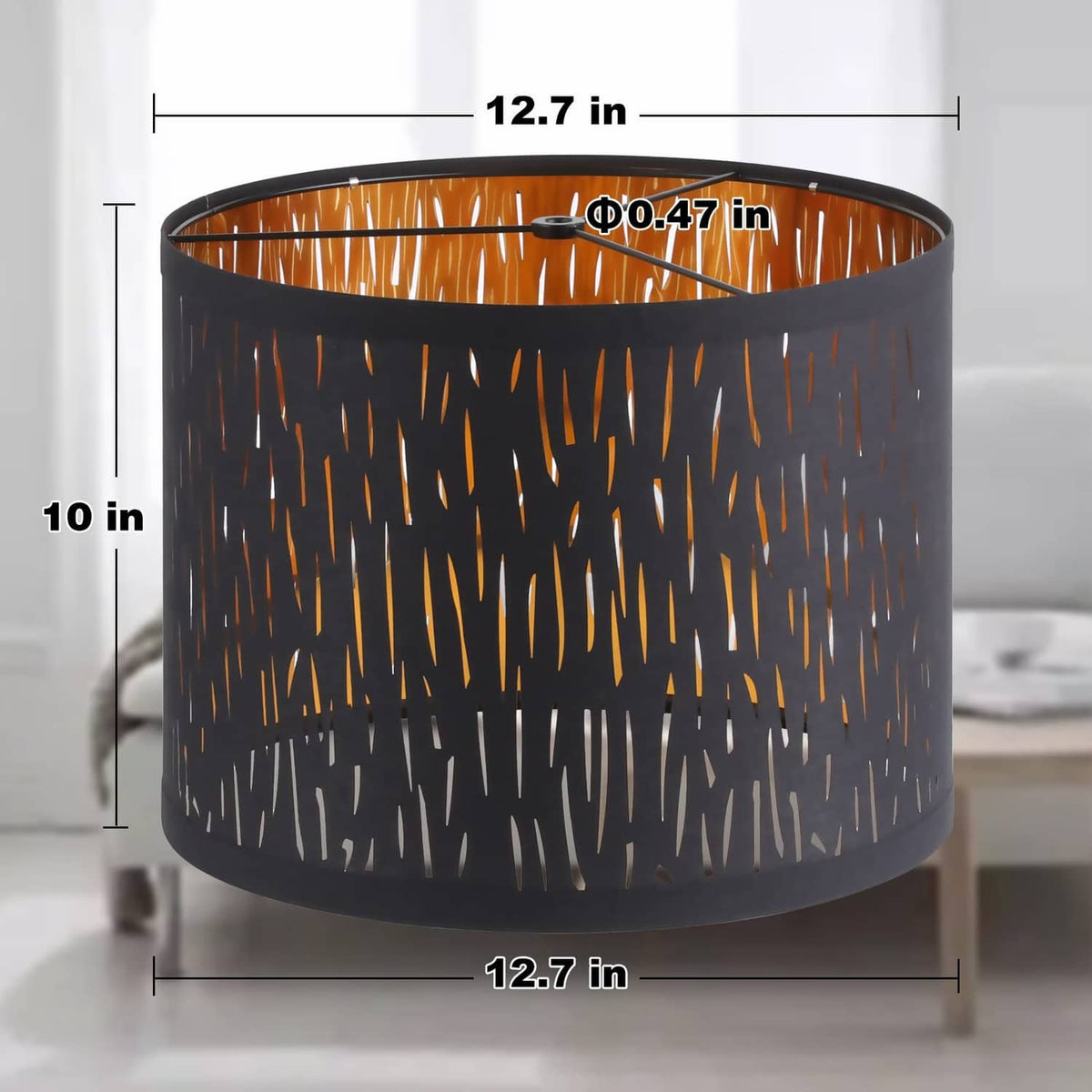 Black drum lampshade with gold streak pattern, 12.7 in tall, 12.7 in wide