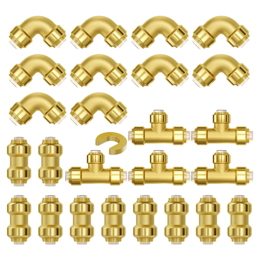 Assorted gold brass push-fit pipe fittings set with elbows, tees, and straight couplings