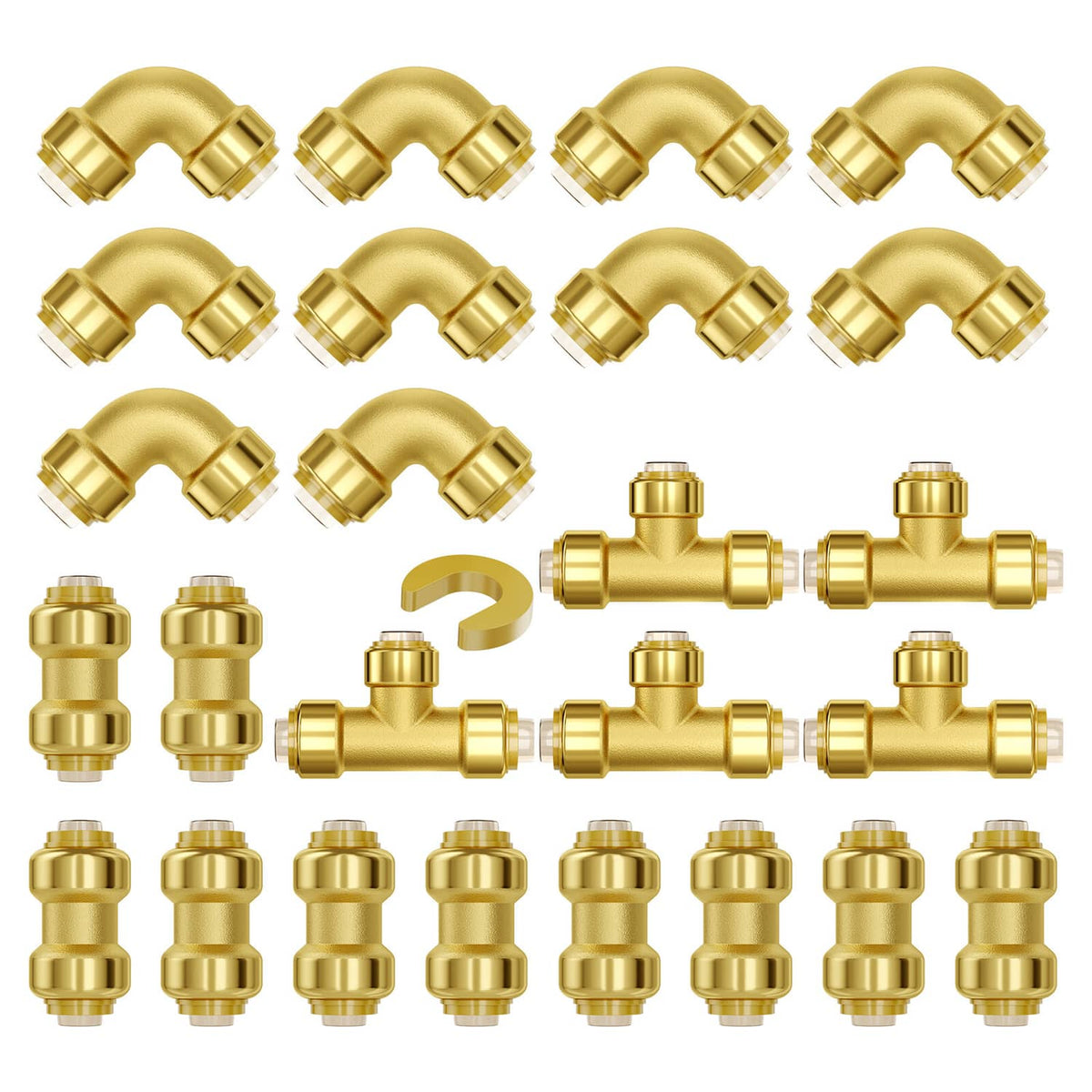 Assorted gold brass push-fit pipe fittings set with elbows, tees, and straight couplings
