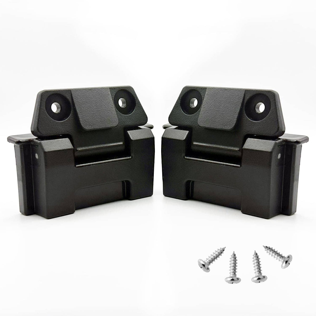 Set of 2 black cooler replacement hinges with mounting screws, plastic latch style.