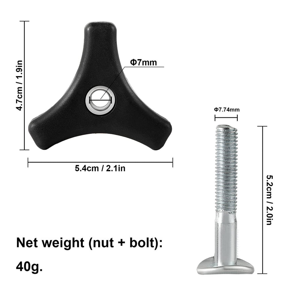 Triangular black knob with central hole and silver threaded bolt