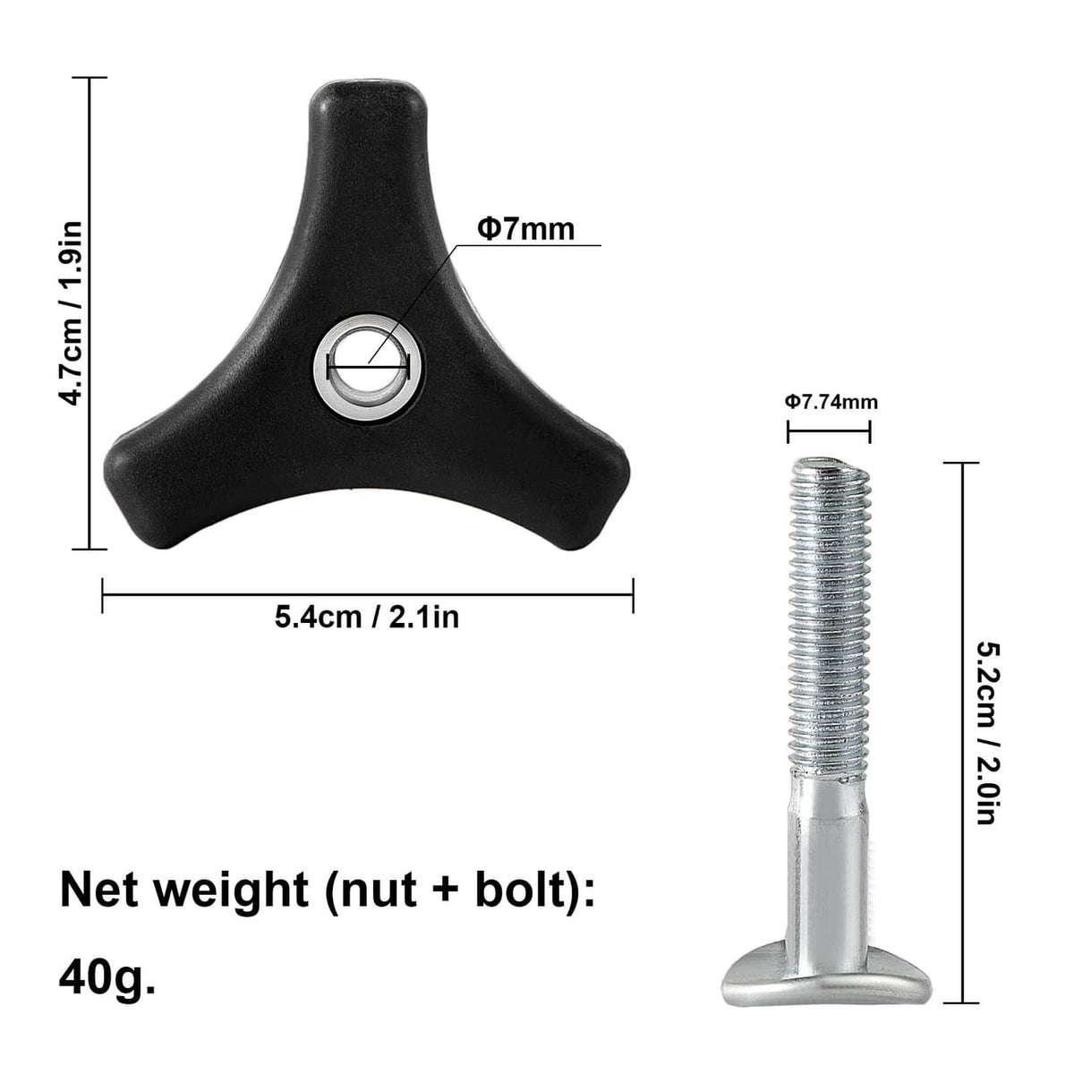 Triangular black knob with central hole and silver threaded bolt