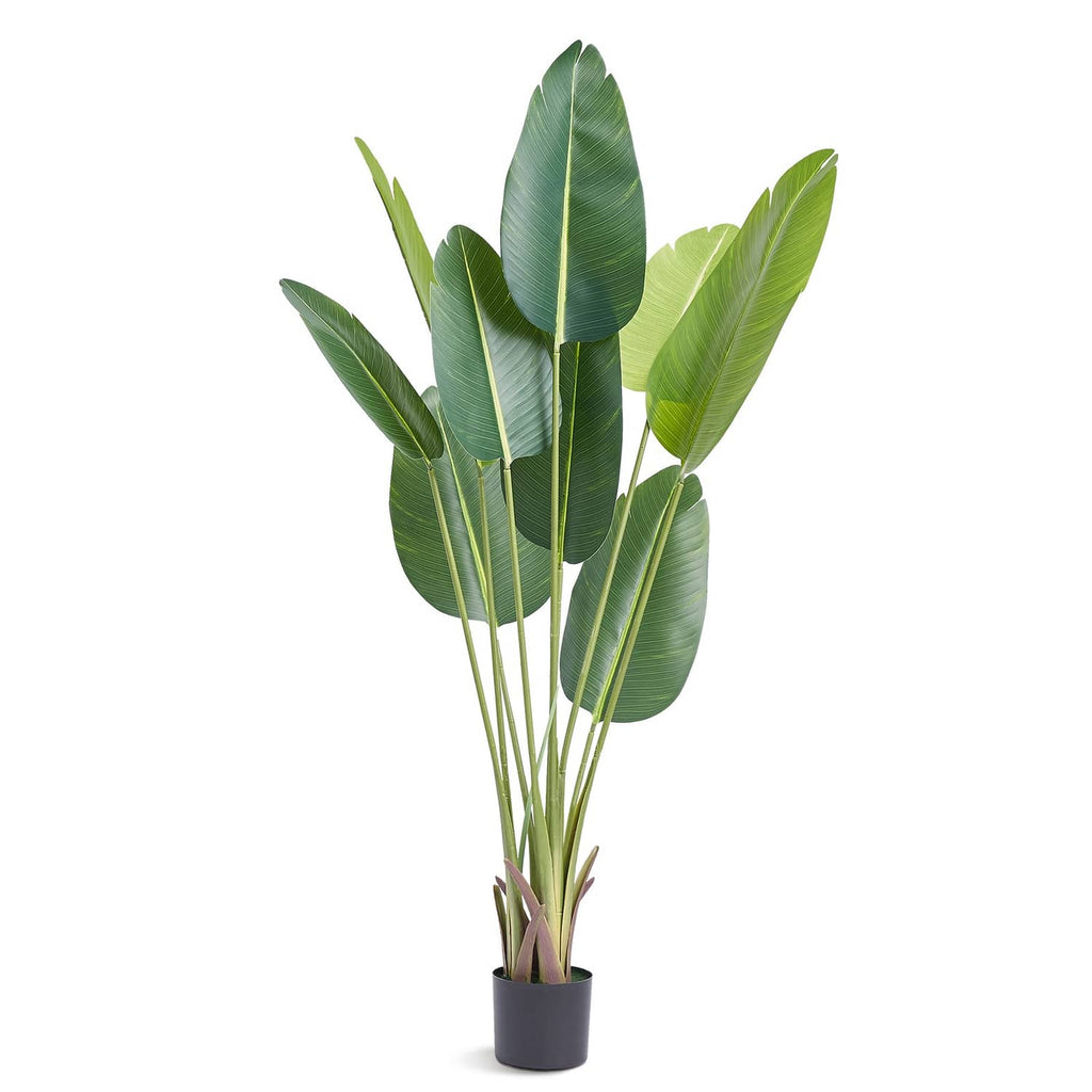 Artificial bird of paradise palm plant with dark gray pot and green leaves