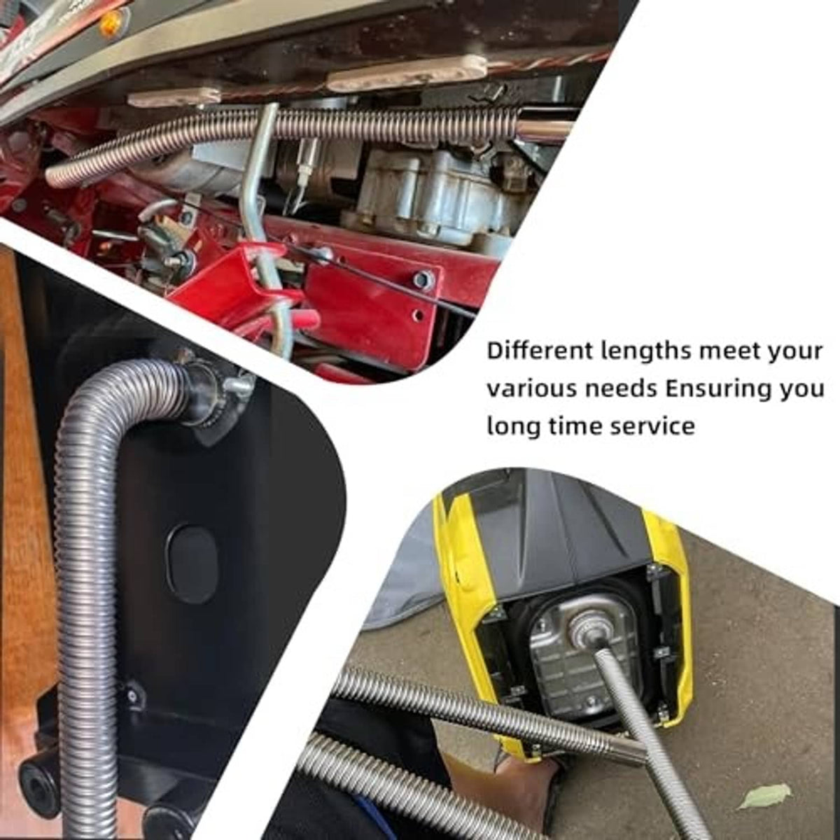 Flexible corrugated stainless exhaust hose routed inside a vehicle compartment