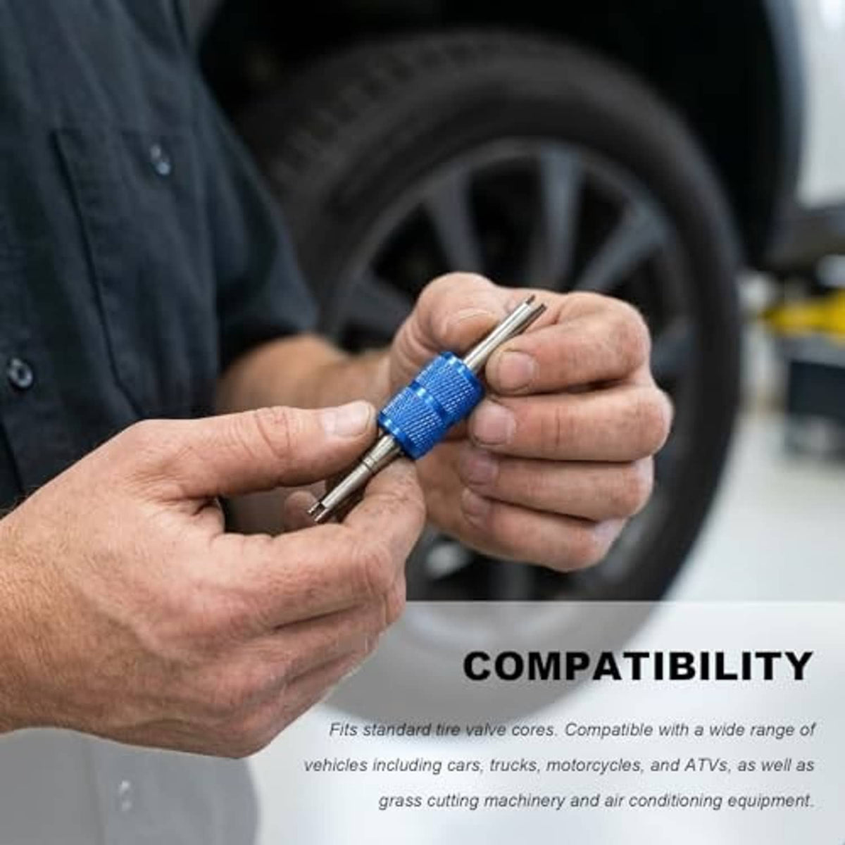Hands using a blue valve core remover tool to fit onto a tire valve stem