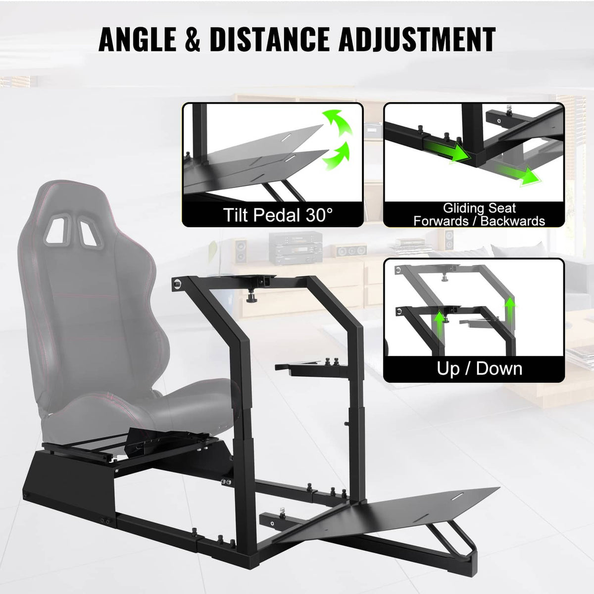 Adjustable racing steering wheel stand with seat frame and pedal tilt/distance adjustments