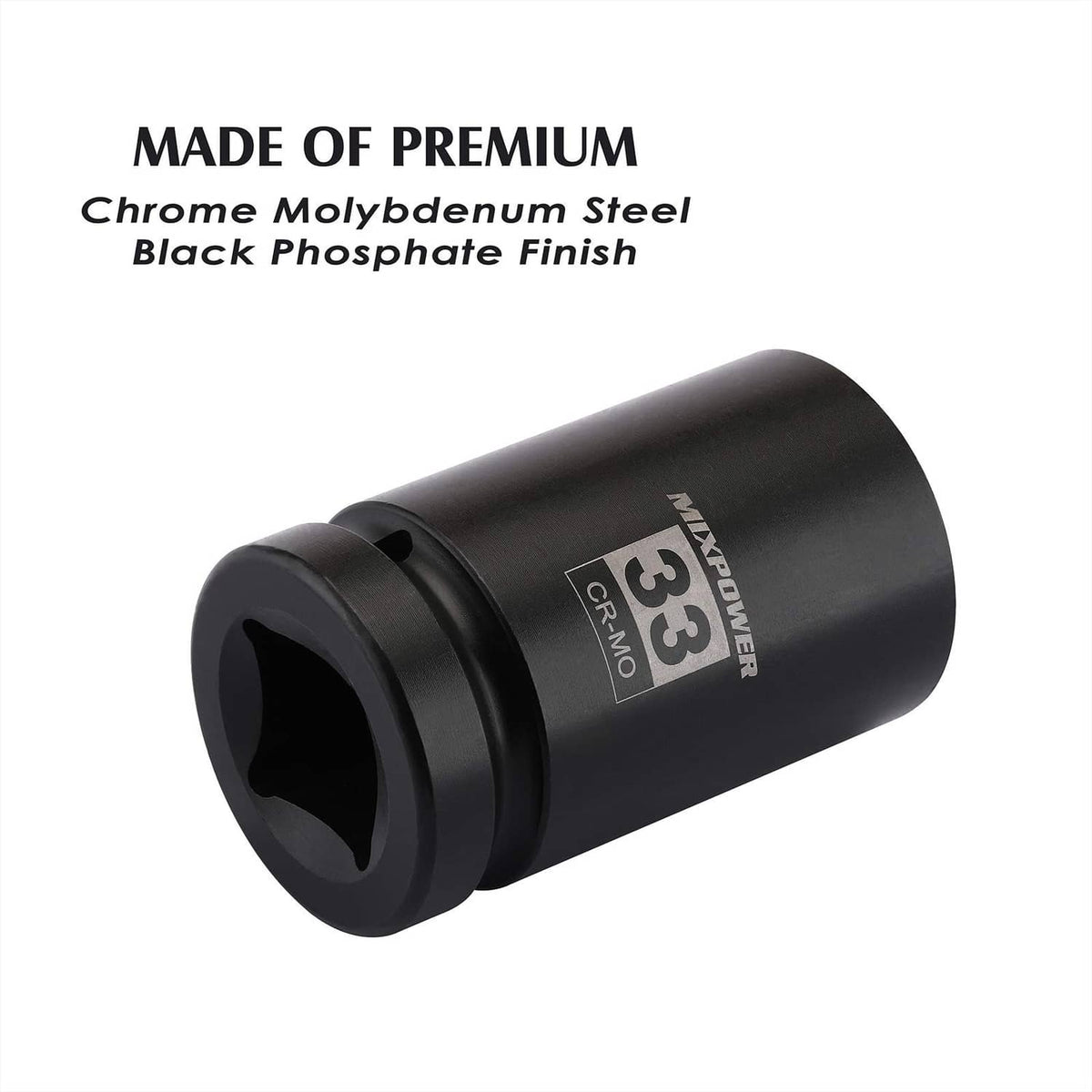 Black 33mm deep impact socket with chrome molybdenum label