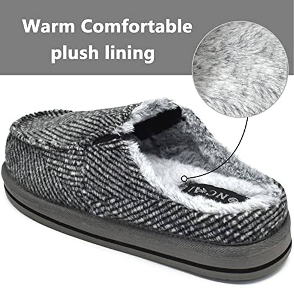Grey herringbone mens clog slippers with warm plush lining and cushioned comfort sole