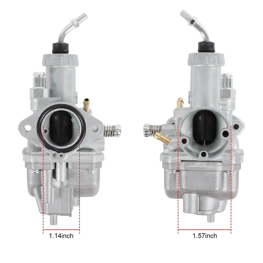Carburetor assembly dual view showing intake bore, ports, and mounting hardware