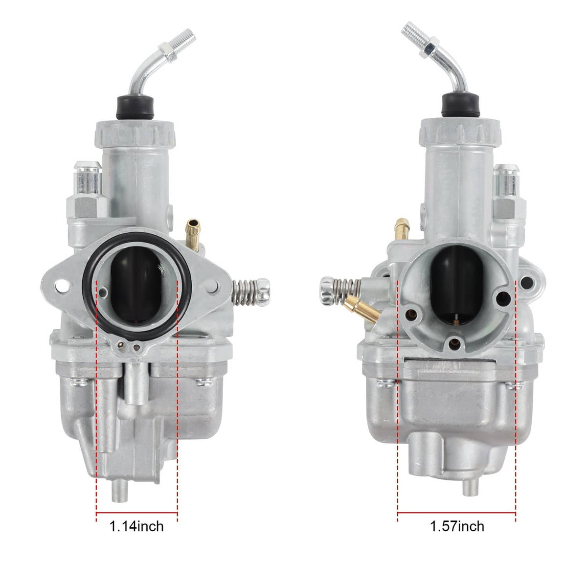 Carburetor assembly dual view showing intake bore, ports, and mounting hardware
