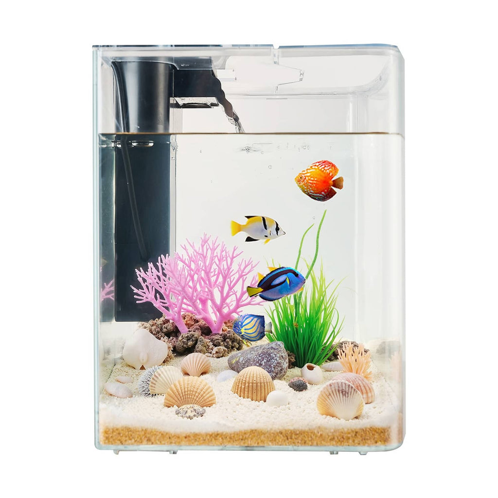 Clear plastic aquarium tank with LED light, pink sea plants, shells and fish
