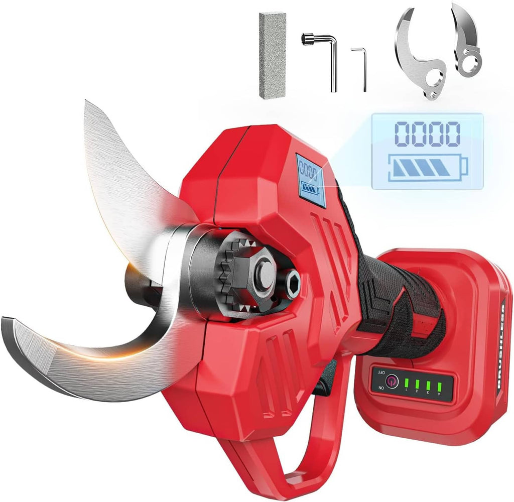 Red cordless electric pruning shears with spare blades and mounting tools