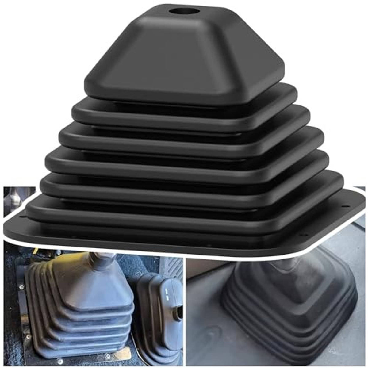 Dark rubber shift boot cover with layered pleats and circular top opening