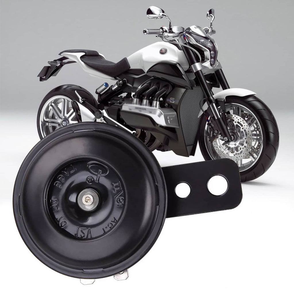 Black round 12V horn with dual mounting holes on a metal bracket