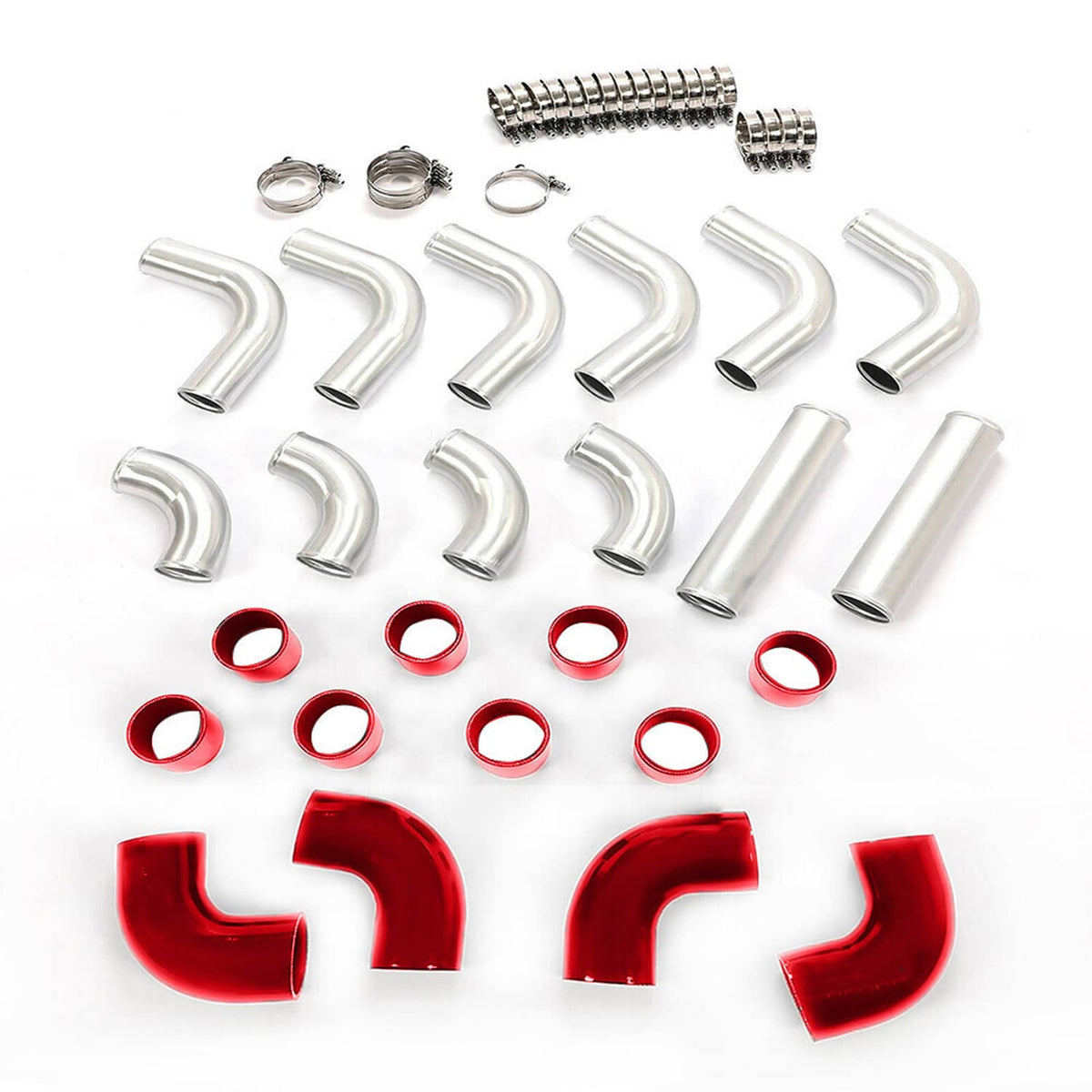 Turbo intercooler piping kit assortment with red silicone pieces and clamps