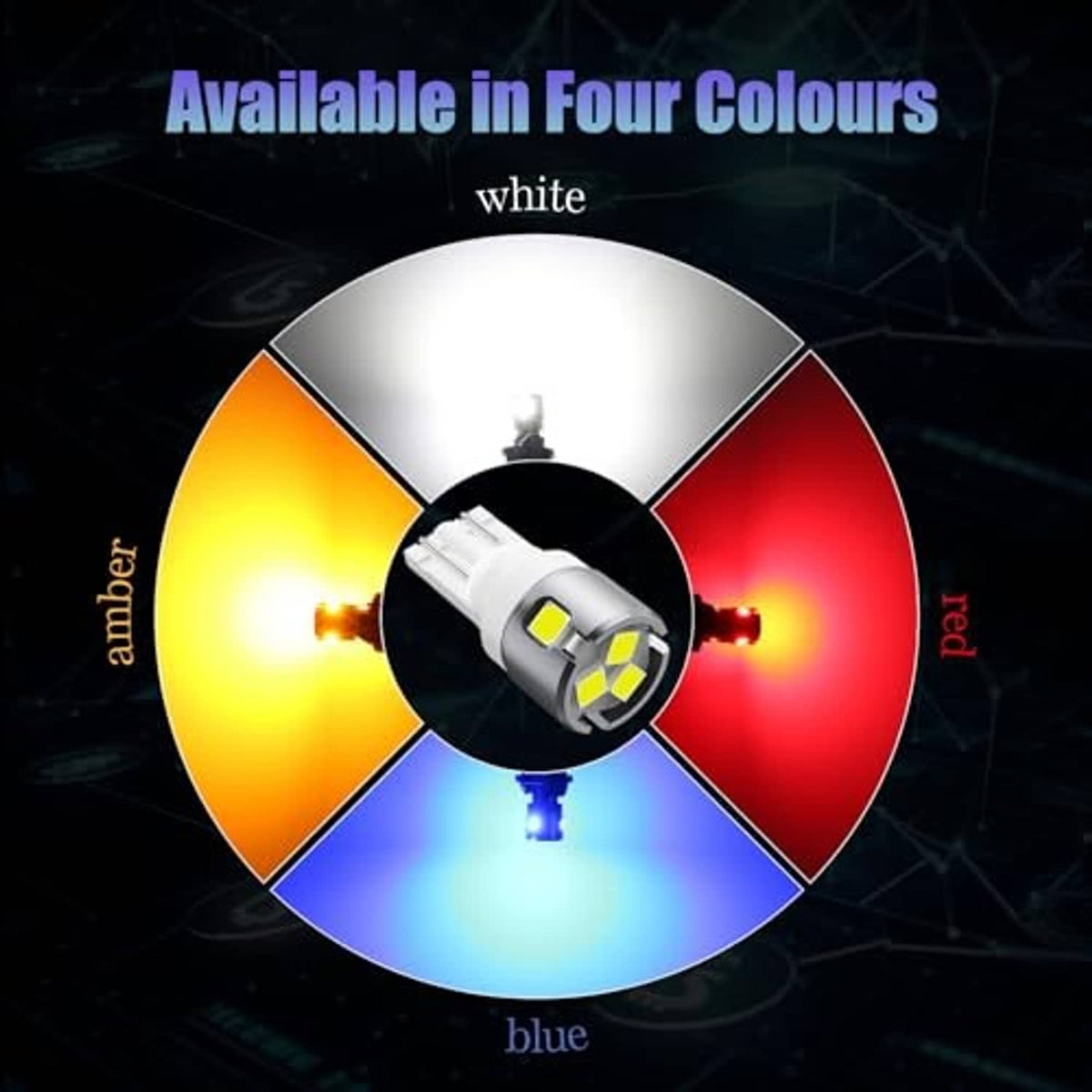 LED bulb color wheel graphic with white, amber, red, and blue light options