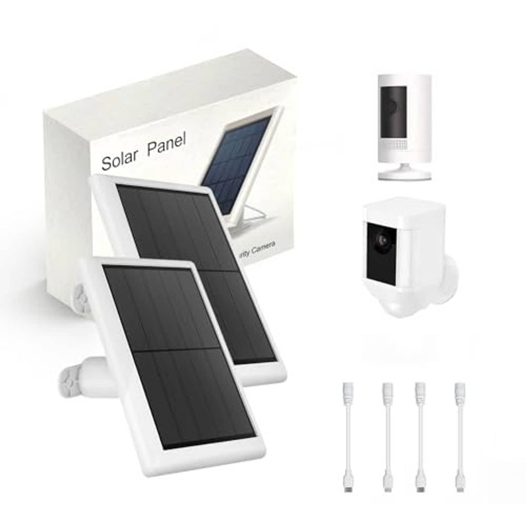 White solar panel charger with stand, camera mount and four connection cables