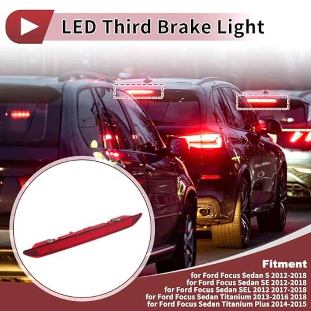 Rear center red LED third brake light glowing on vehicle trunk