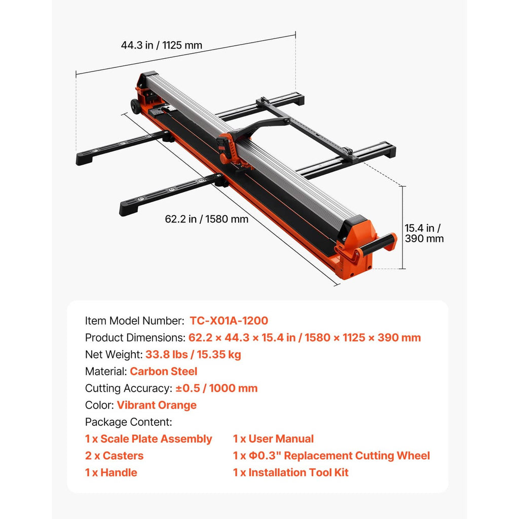 Manual tile cutter with silver rail and orange base, shown with size diagram