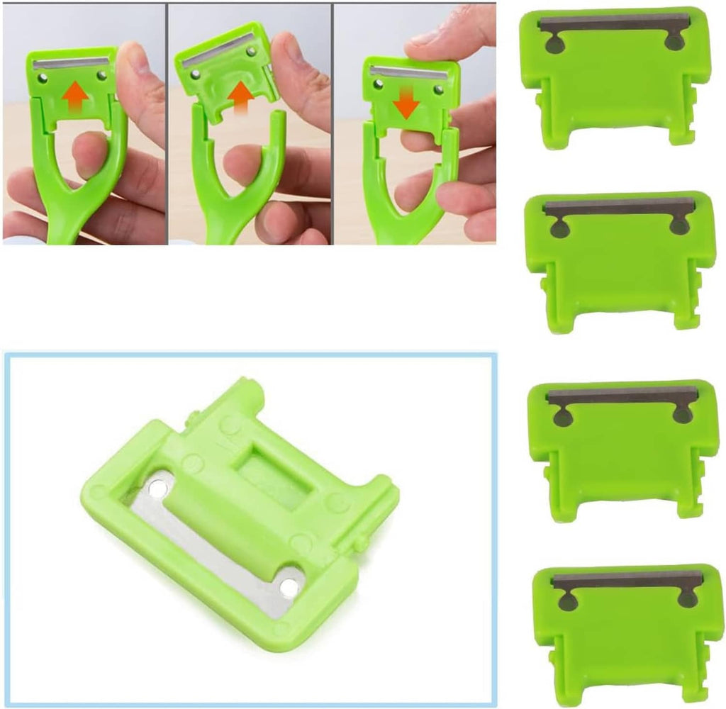 Green apple peeler replacement blade with latch cutout and metal scraper strip