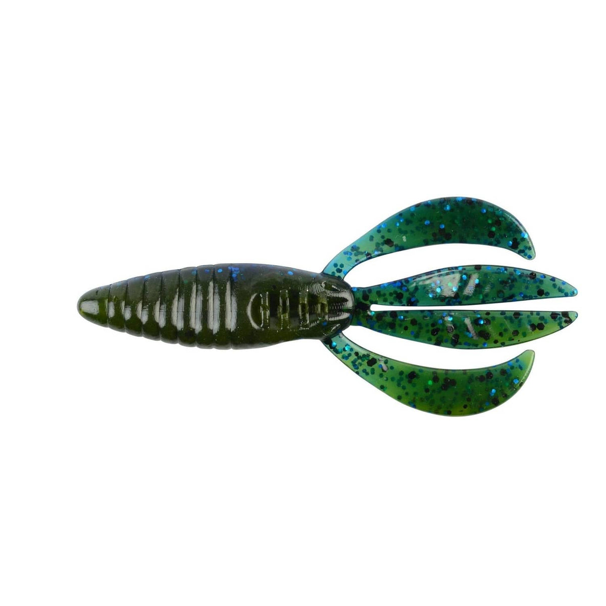 Soft plastic crawfish fishing lure, dark green with blue speckles and split tail