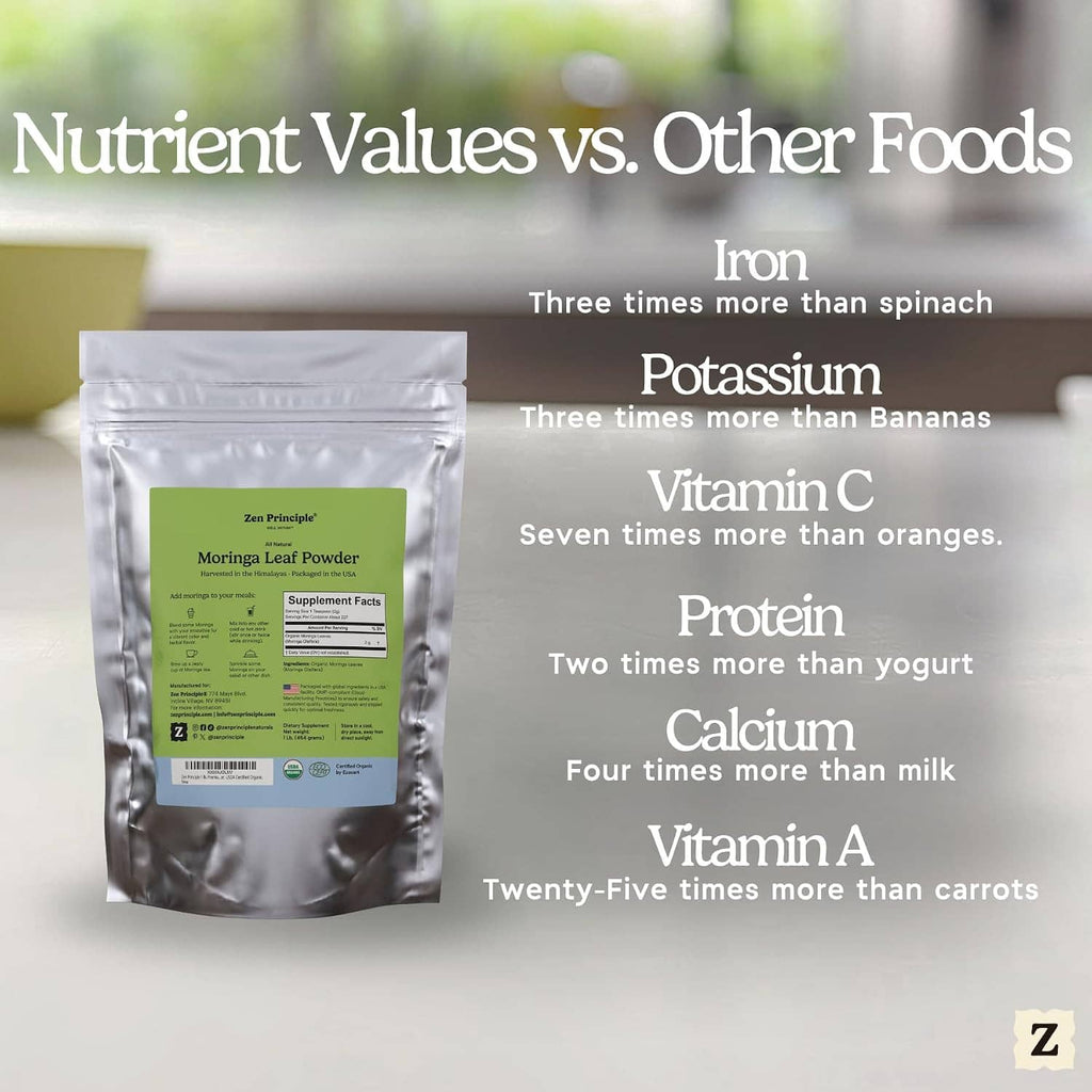 Moringa leaf powder silver pouch with green label, shown for nutrient value comparison