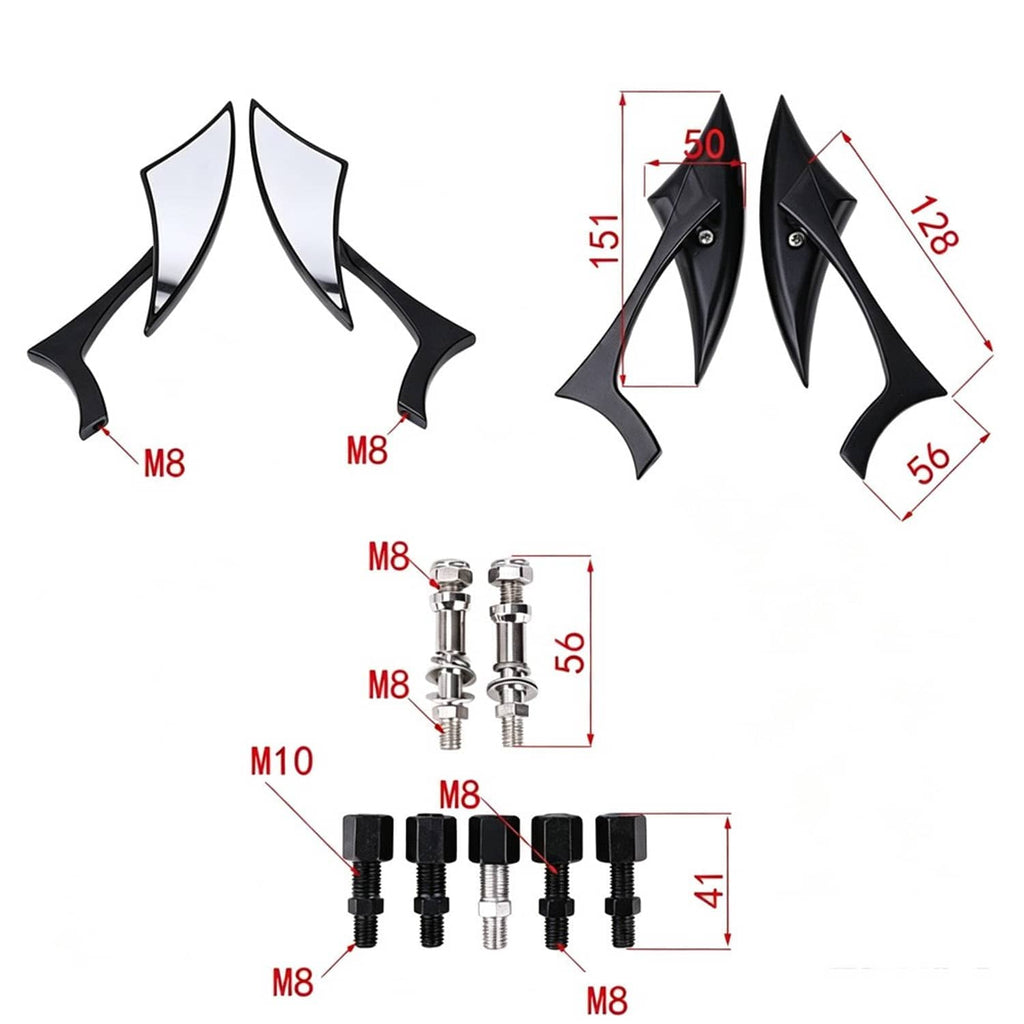 Motorcycle mirror mounting hardware and dimensioned parts for fork or handlebar fit