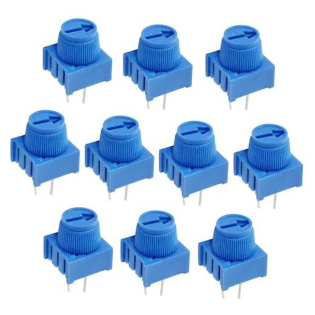 Blue trim potentiometer set with knurled knob and 3-pin header, 10K ohm