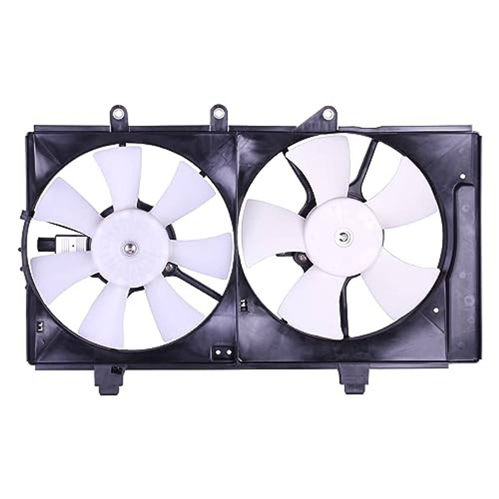 Radiator cooling fan assembly with dual white-blade fans and black mounting frame