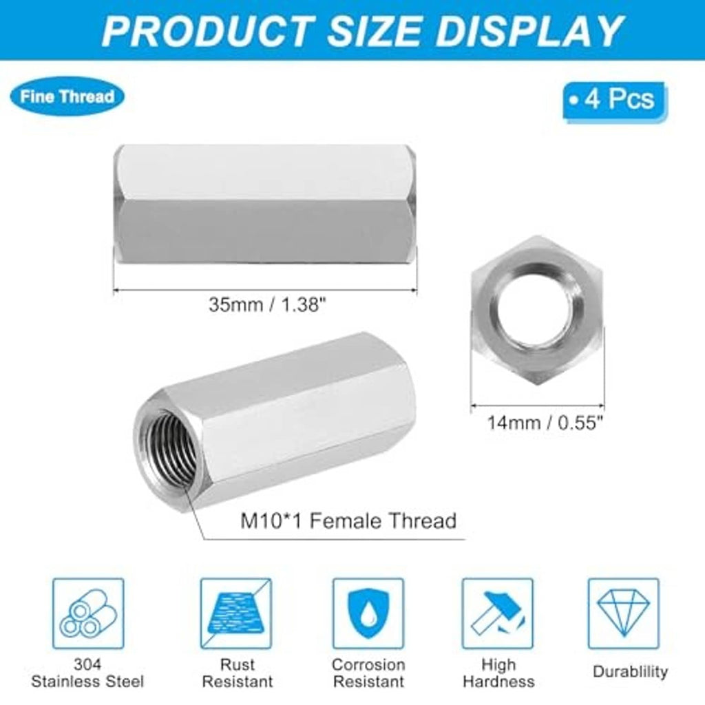 4 stainless steel hex coupling nuts, 35mm length, M10x1 female internal threads