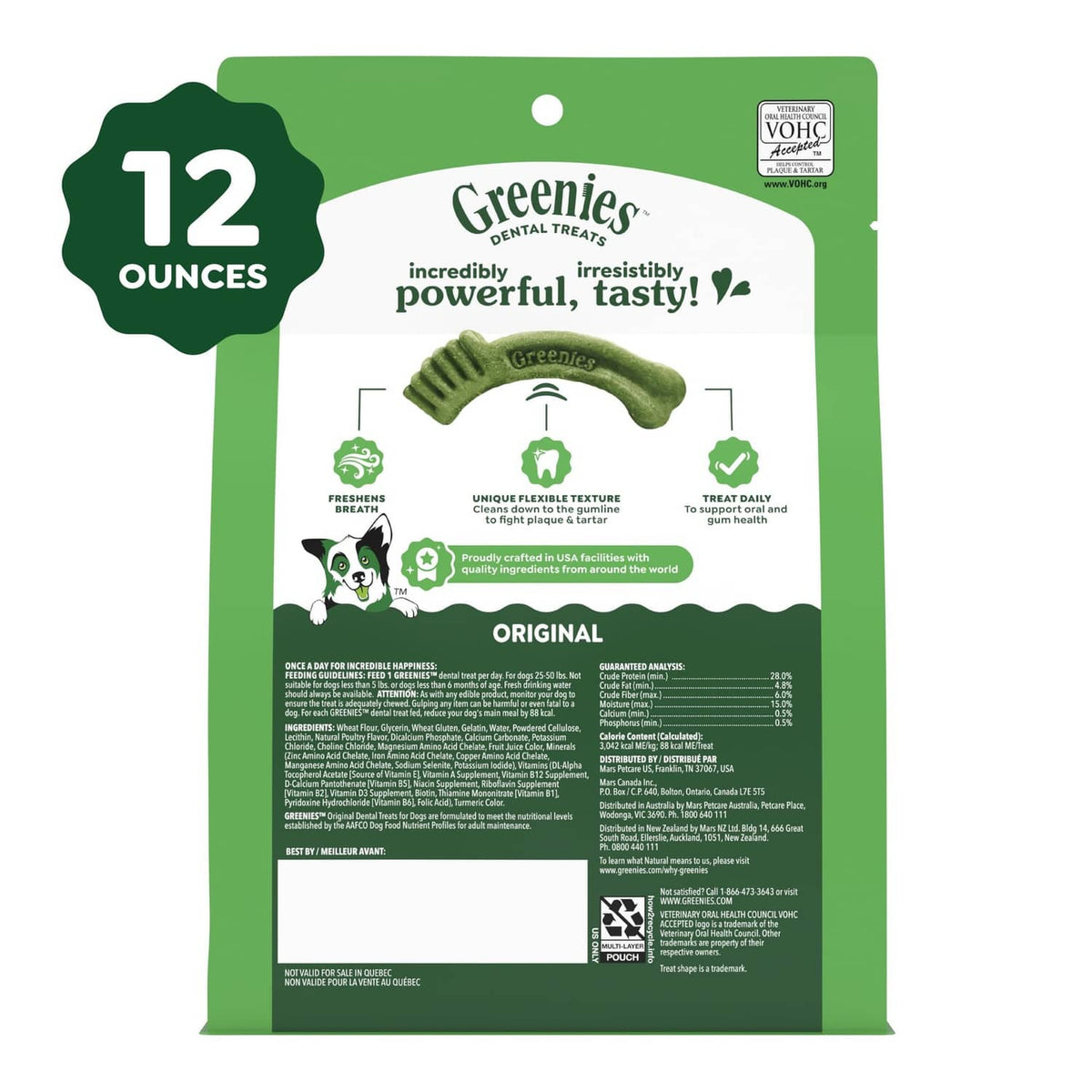 Greenies Original dental treat bag back panel with nutrition and ingredient details